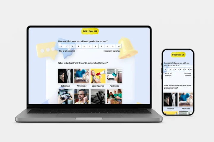 Laptop and smartphone displaying a follow-up survey with satisfaction and feedback questions, representing customer feedback collection and engagement analysis.