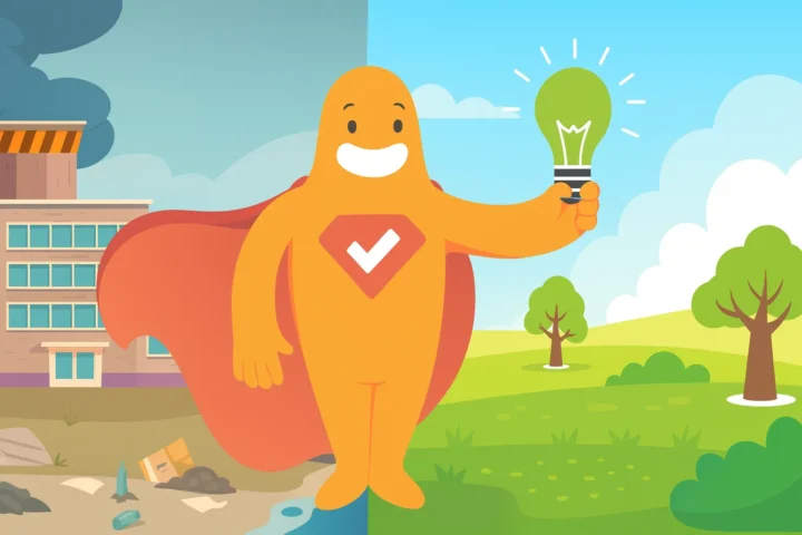 SurveyLegend mascot holding a glowing green lightbulb with split background showing polluted city and clean green environment