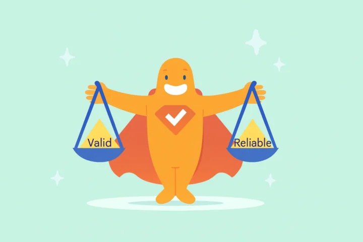 Illustration of SurveyLegend character holding balanced scales labeled Valid and Reliable, representing the difference between survey validity and reliability in research.