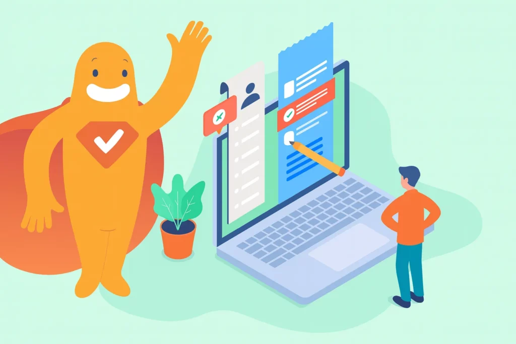 Illustration of the SurveyLegend mascot beside a laptop showing an online survey form, representing different types of data collection methods.