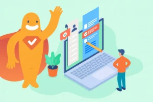 Illustration of the SurveyLegend mascot beside a laptop showing an online survey form, representing different types of data collection methods.