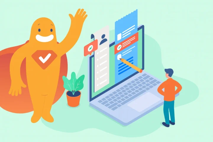 Illustration of the SurveyLegend mascot beside a laptop showing an online survey form, representing different types of data collection methods.