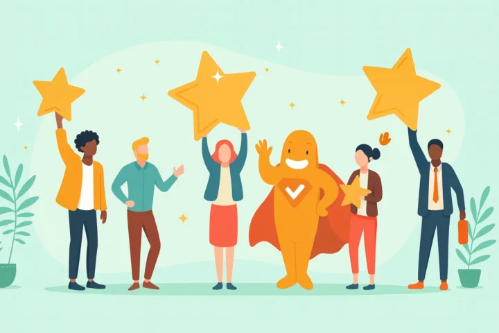 Illustration of diverse professionals and the SurveyLegend mascot holding stars, symbolizing excellence and credibility in academic survey citation across APA, MLA, and Chicago styles.