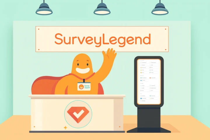 Illustration of the SurveyLegend mascot at a trade show booth with a digital survey kiosk, representing exhibitor feedback collection and event engagement.