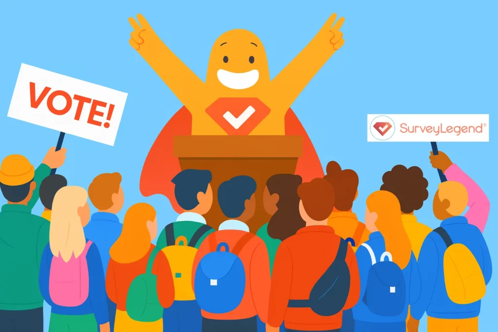 SurveyLegend mascot giving a political speech to a diverse crowd holding a VOTE sign, symbolizing democratic participation in political surveys