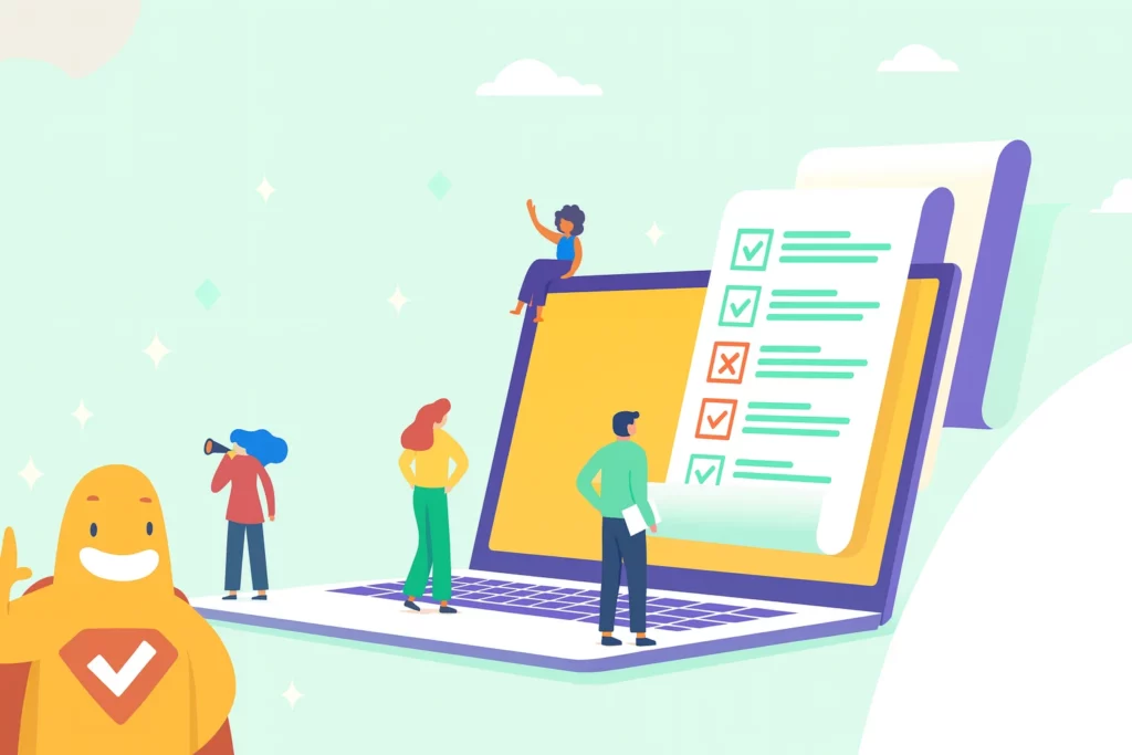 Illustration of people designing a fun online survey on a laptop with the SurveyLegend mascot, representing engaging and creative survey creation.