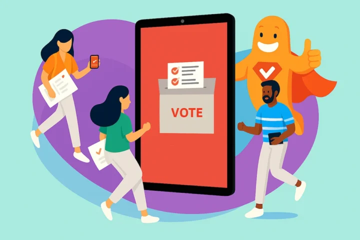 Students walking toward a large digital voting screen labeled “VOTE,” with the SurveyLegend mascot giving a thumbs up, representing digital fraternity and sorority surveys.