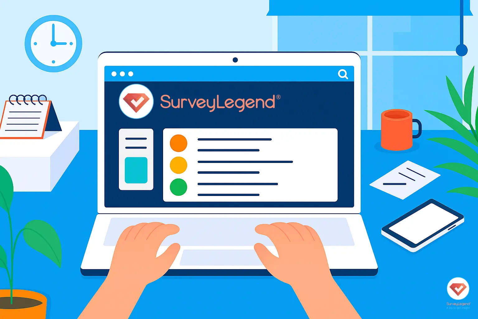 Illustration of person designing a survey on a laptop using the SurveyLegend platform