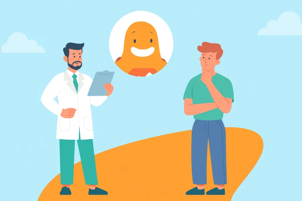 Illustration of a doctor consulting a patient about mental health with the SurveyLegend mascot symbolizing support and awareness.