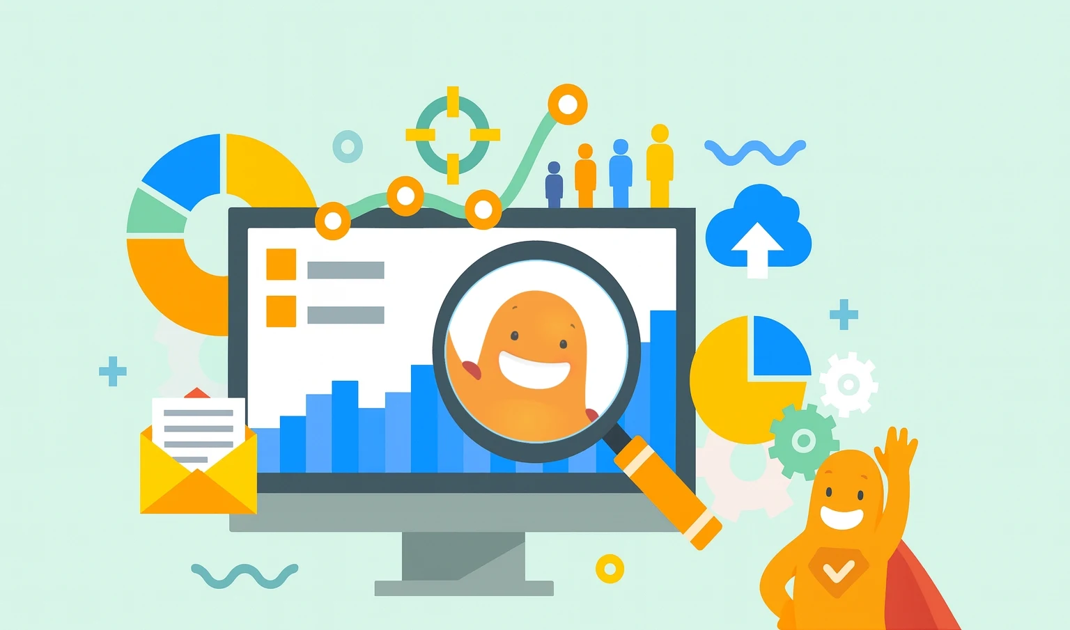 Illustration of data analysis with charts, graphs, and the SurveyLegend mascot examining results through a magnifying glass, symbolizing nominal and ordinal data comparison.