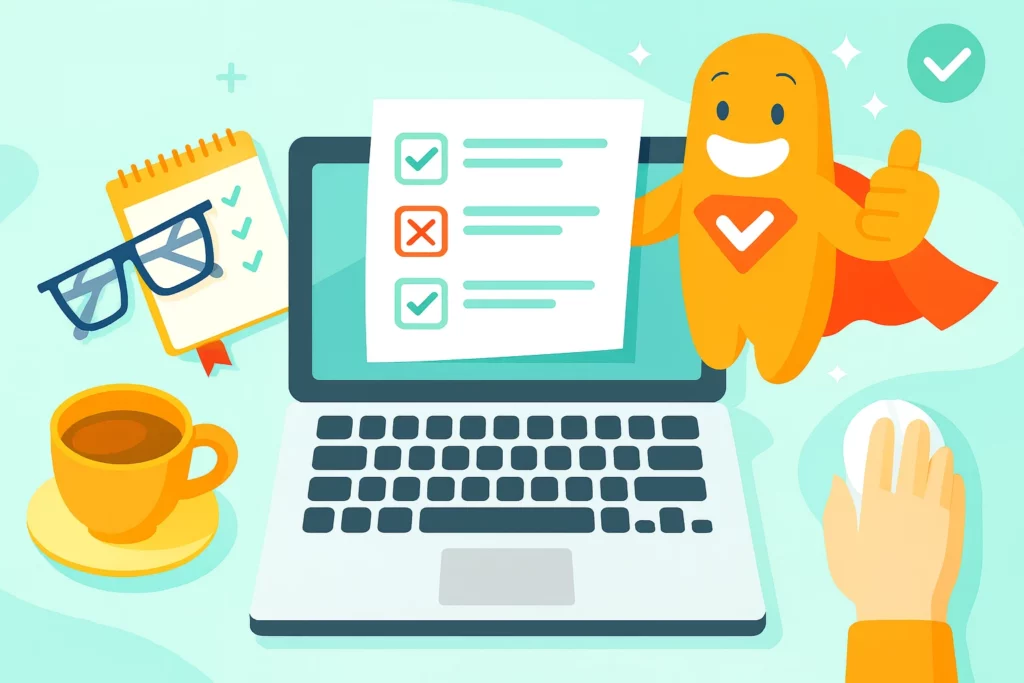 Illustration of online survey advantages with a checklist on a laptop, SurveyLegend mascot giving a thumbs up, coffee cup, glasses, and digital workspace icons.