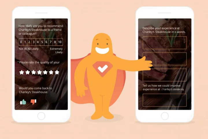 SurveyLegend mascot with two smartphones displaying a quantitative survey with rating scales and a qualitative survey with open-ended questions