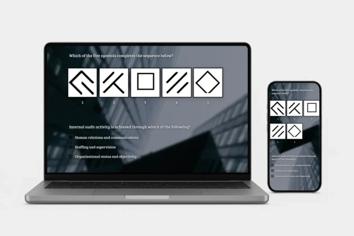 Laptop and smartphone displaying employee knowledge quiz with pattern recognition and multiple-choice questions
