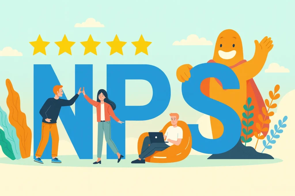 Illustration of people and the SurveyLegend mascot with large NPS letters and star ratings, symbolizing customer satisfaction and Net Promoter Score surveys.