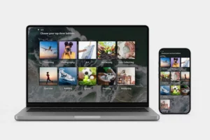 Laptop and smartphone displaying a psychographic survey asking users to choose their top hobbies, representing audience segmentation based on interests and lifestyle.