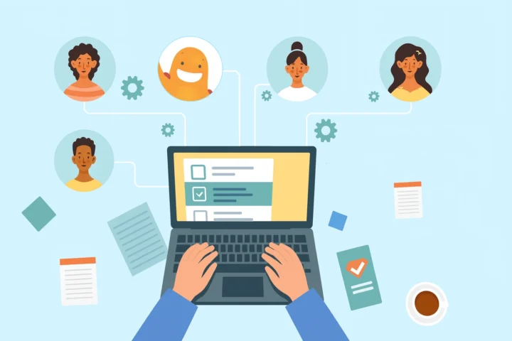 Hands typing on a laptop with connected expert profiles and survey forms, representing the Delphi method and collaborative consensus building in research.