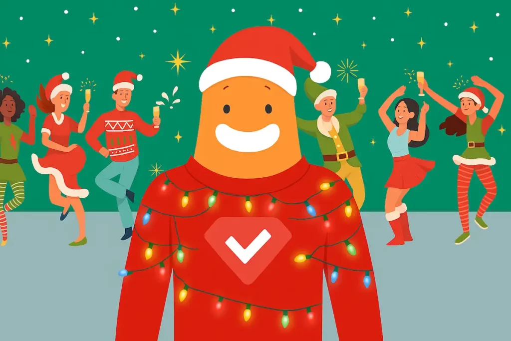 SurveyLegend mascot in a Santa hat and Christmas lights at an office holiday party with coworkers dancing and celebrating.