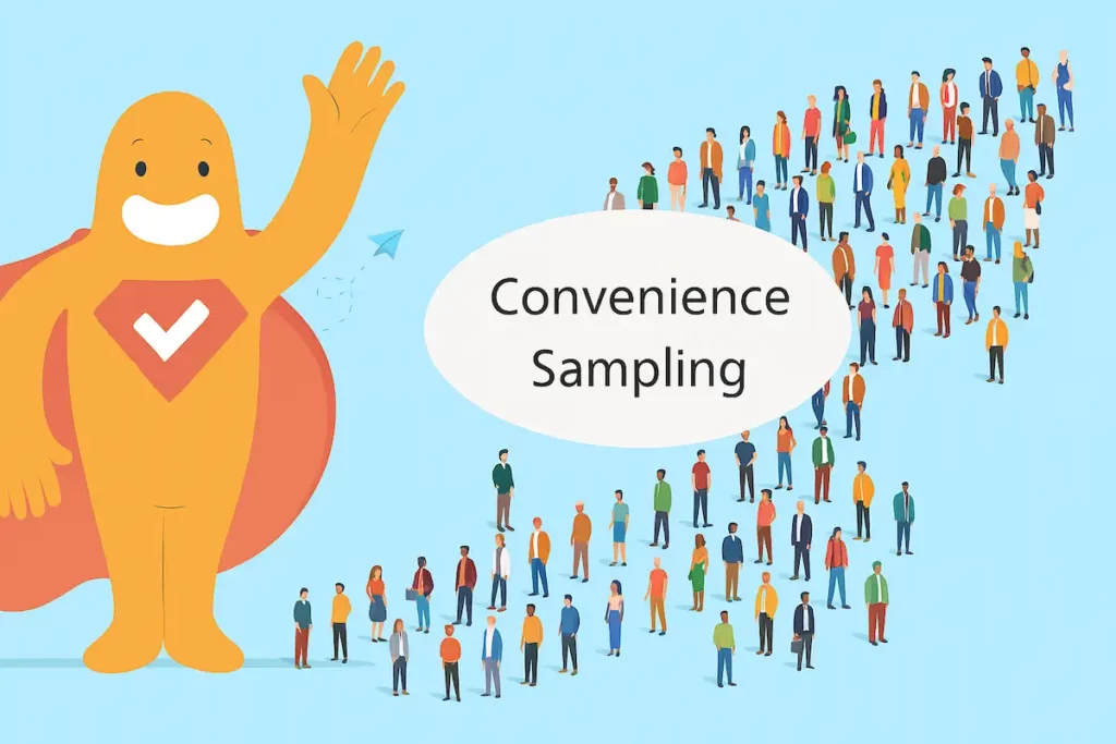 SurveyLegend character waving beside a group of diverse people forming an upward arrow, representing convenience sampling in research surveys.