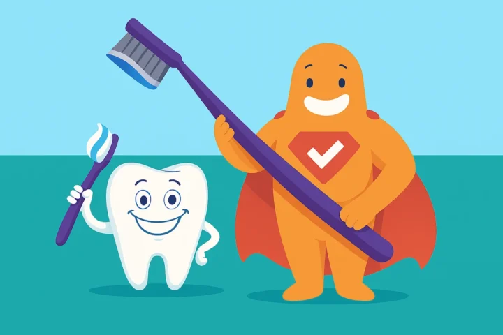 Smiling cartoon tooth holding a toothbrush next to an orange mascot character dressed as a superhero holding an oversized toothbrush, set against a bright dental-themed background.