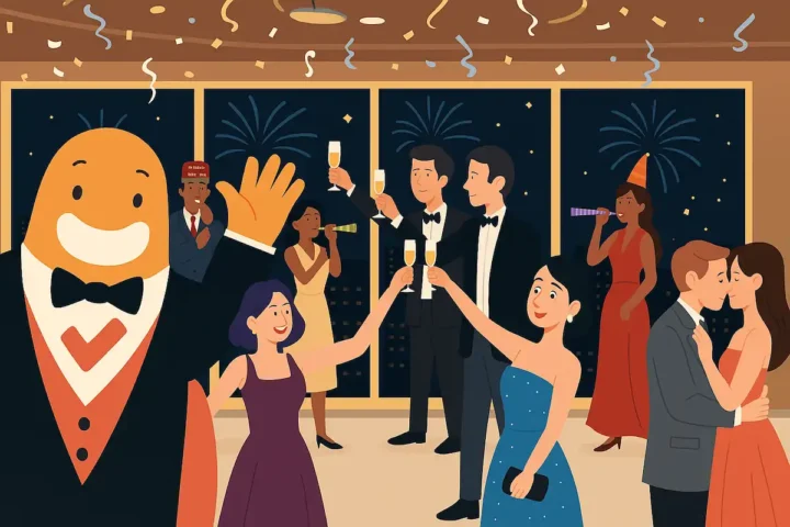 SurveyLegend mascot celebrating New Year with people toasting champagne at a festive party with fireworks in the background.