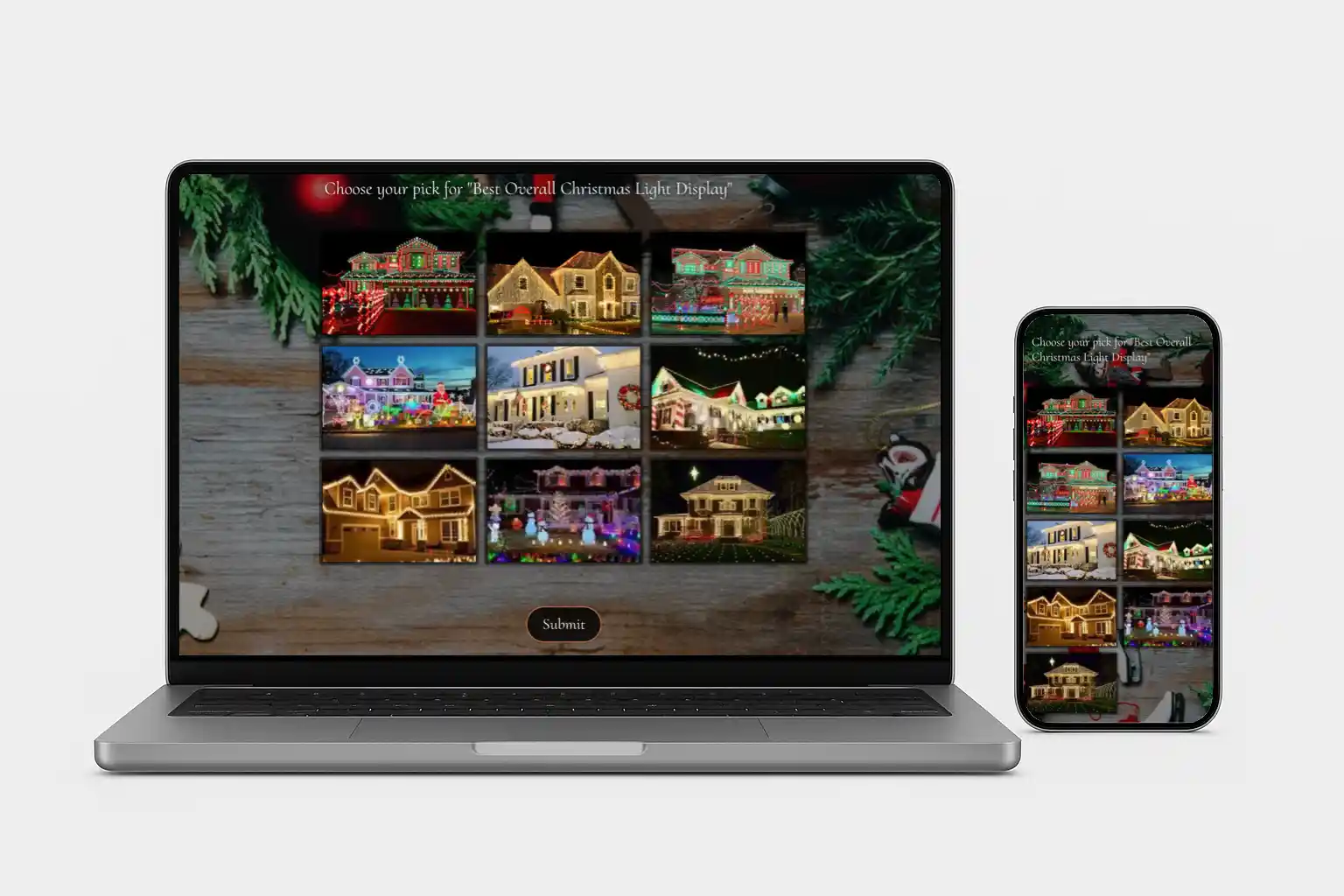 SurveyLegend image-based Christmas light contest survey displayed on laptop and mobile screens with photos of decorated holiday houses.