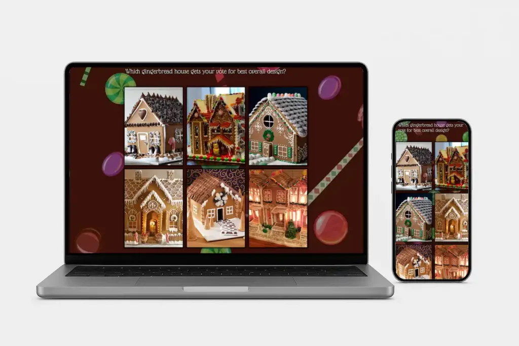 SurveyLegend image-based gingerbread house contest survey displayed on laptop and mobile screens with various decorated gingerbread houses for voting.