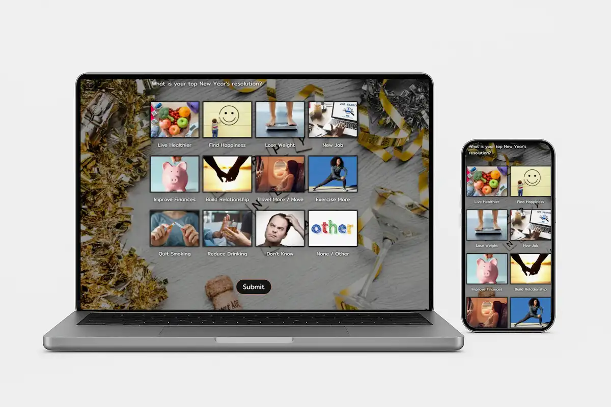 SurveyLegend New Year’s resolution quiz displayed on laptop and mobile, showing picture-based survey options like exercise, happiness, and healthy living.