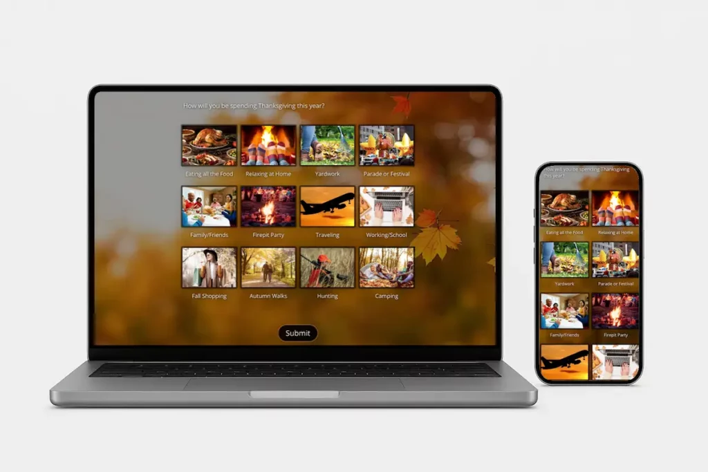 Laptop and smartphone displaying a Thanksgiving-themed picture survey with various holiday activity images such as family gatherings, feasts, parades, and autumn scenes.