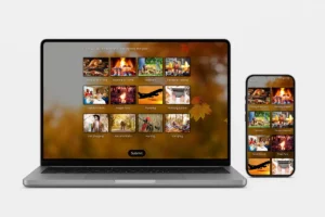 Laptop and smartphone displaying a Thanksgiving-themed picture survey with various holiday activity images such as family gatherings, feasts, parades, and autumn scenes.