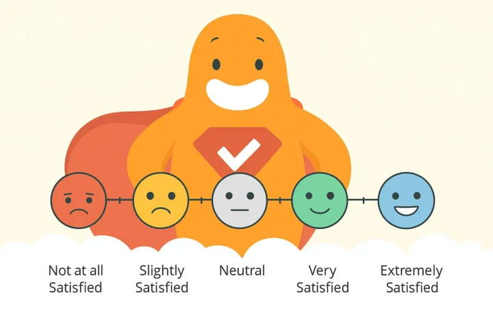 SurveyLegend character with a five-point Likert scale showing faces from sad to happy labeled Not at all Satisfied to Extremely Satisfied.