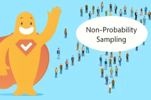 SurveyLegend character waving beside diverse groups of people forming an arrow shape with the text “Non-Probability Sampling” in the center.