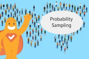 SurveyLegend character waving beside groups of diverse people forming an arrow shape with the text “Probability Sampling.”