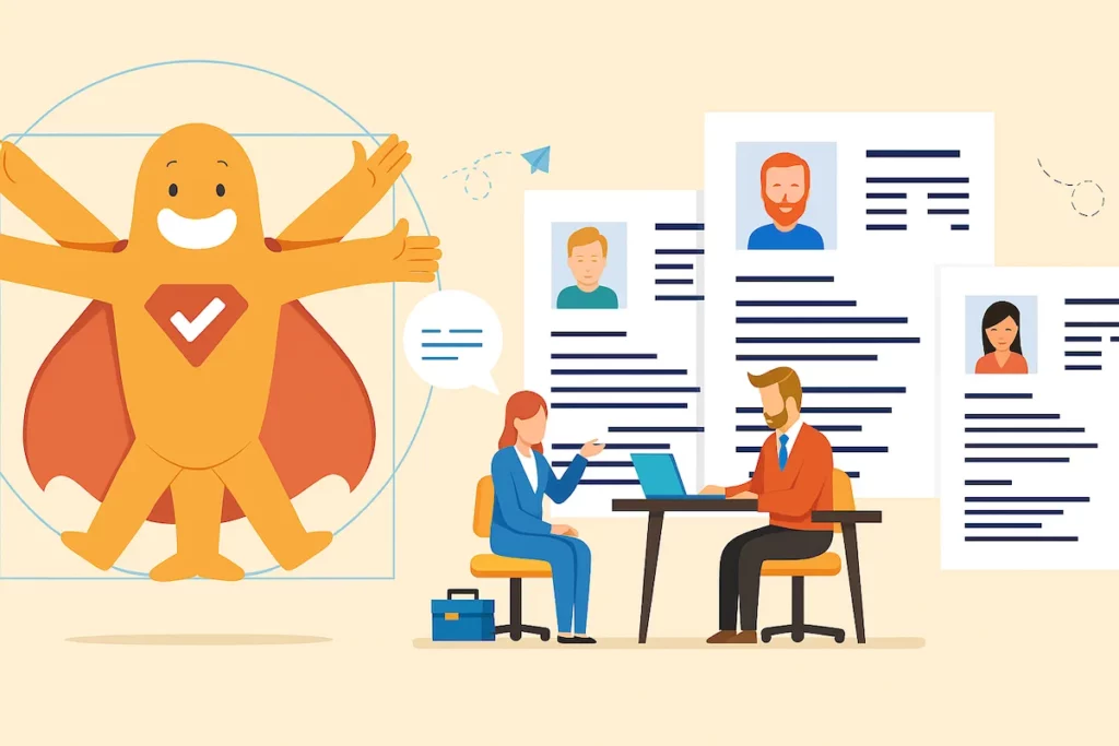 Illustration of SurveyLegend character beside two people conducting an interview with questionnaire forms and resumes on a desk.