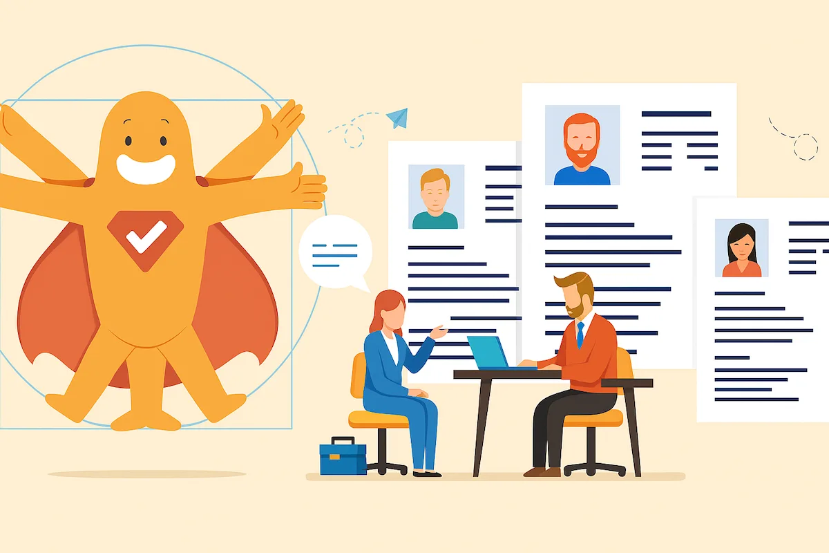 Illustration of SurveyLegend character beside two people conducting an interview with questionnaire forms and resumes on a desk.