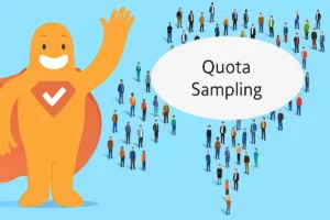 SurveyLegend character waving beside diverse groups of people forming an arrow shape with “Quota Sampling” text in the center.