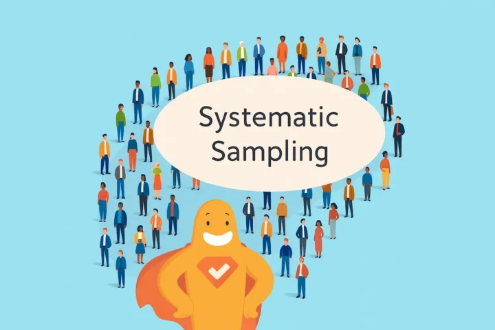 Illustration of a survey mascot standing in front of a large group of diverse people arranged in a grid pattern, with a speech bubble labeled “Systematic Sampling.”