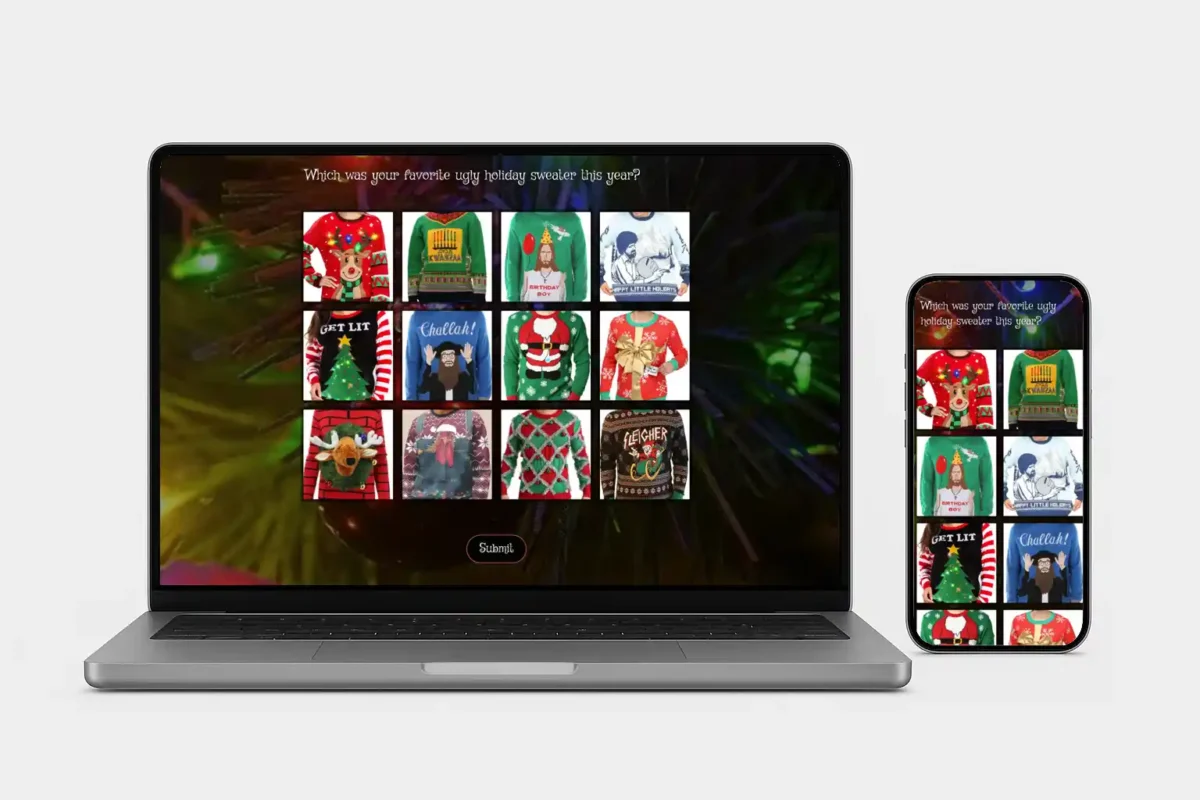 SurveyLegend image-based ugly sweater contest survey displayed on laptop and mobile devices, showing colorful Christmas sweater options for voting.