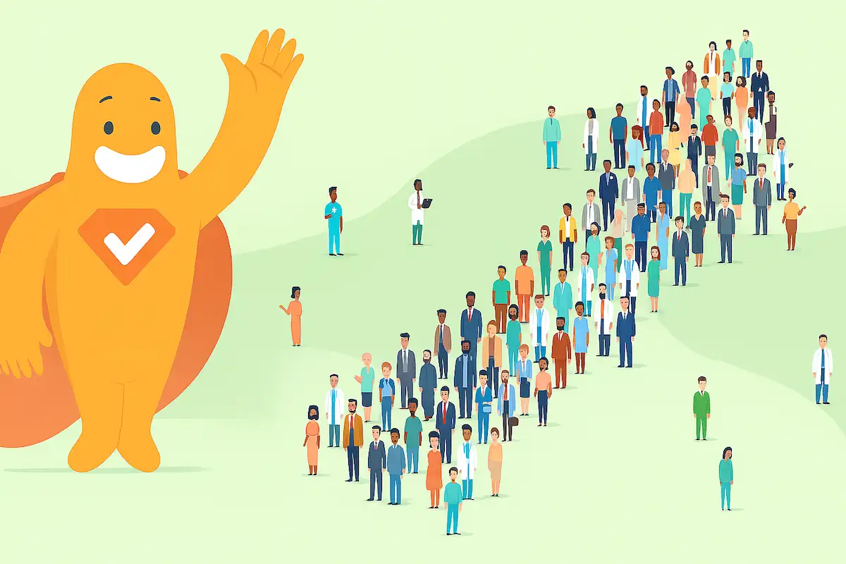 Illustration of SurveyLegend character waving beside a diverse group of people forming an upward arrow, symbolizing cross-sectional survey data analysis.