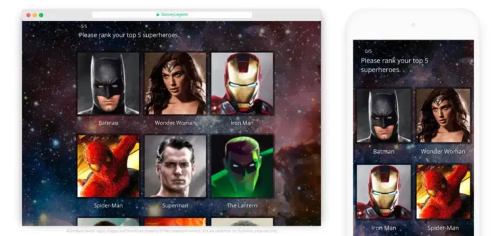 Example of an award survey with picture questions displayed on desktop and mobile screens, allowing users to rank and vote for nominees.