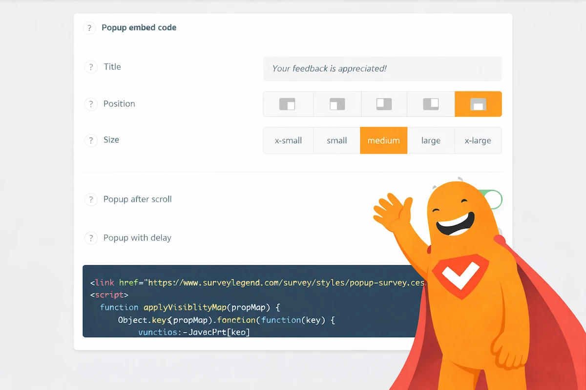 Embedded survey settings interface showing popup embed options, size and position controls, and code snippet, with the SurveyLegend mascot illustrating easy website integration.