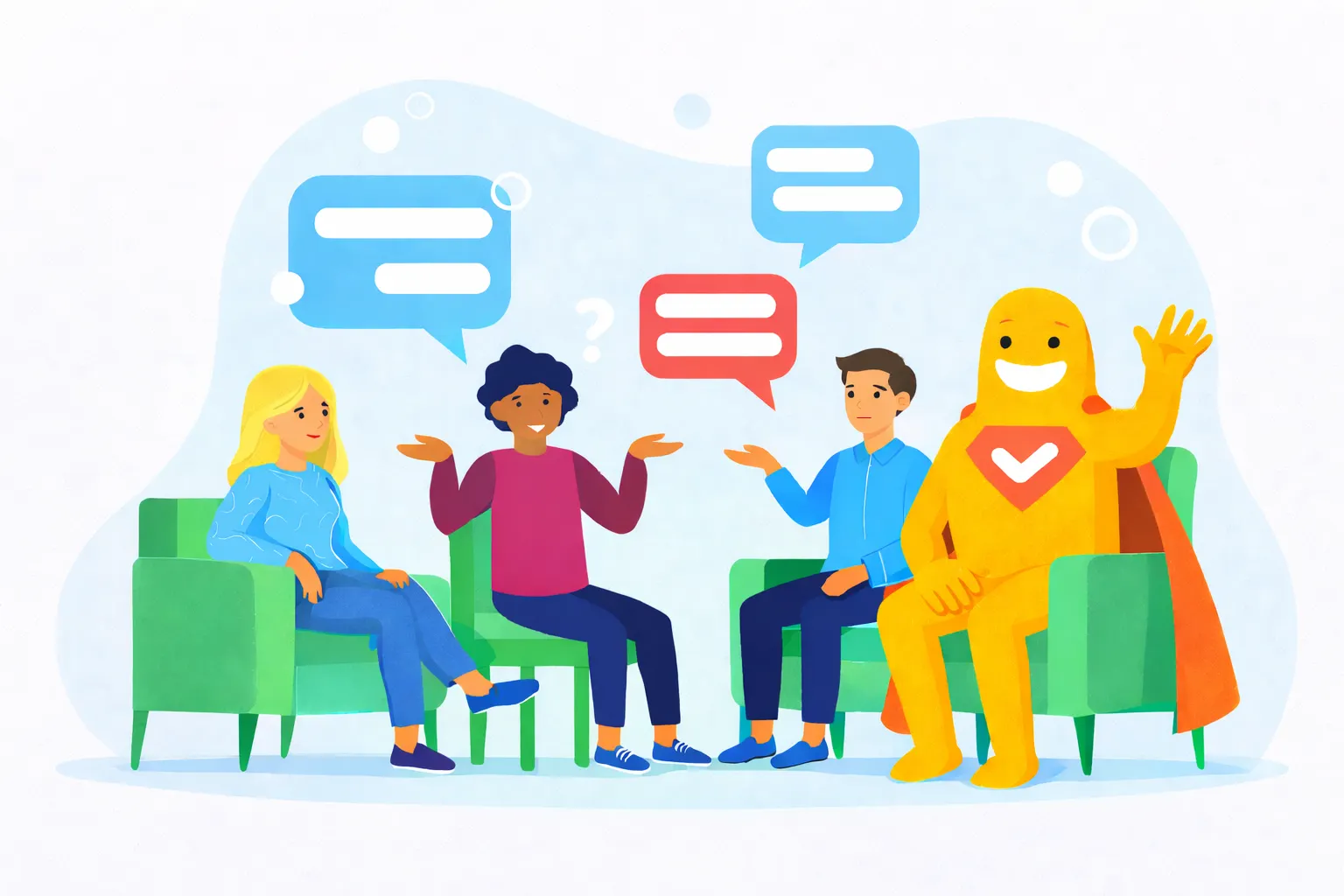 Illustration of a focus group survey with participants seated in discussion, sharing opinions through speech bubbles during a moderated group conversation.