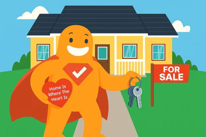 Illustration of the SurveyLegend mascot holding house keys in front of a home with a “For Sale” sign, representing homebuyer and seller surveys in real estate.
