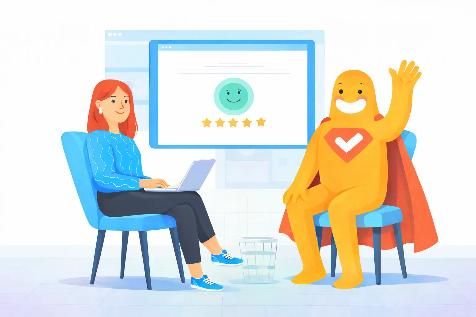 Illustration of an intercept survey showing a website visitor giving a star rating while interacting with a real-time feedback pop-up.