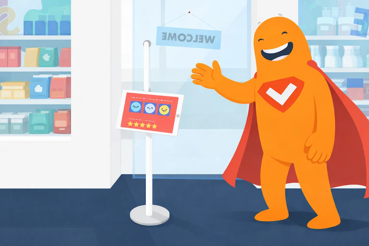 SurveyLegend mascot standing next to an in-store kiosk survey screen with smiley rating options, collecting customer feedback in real time.