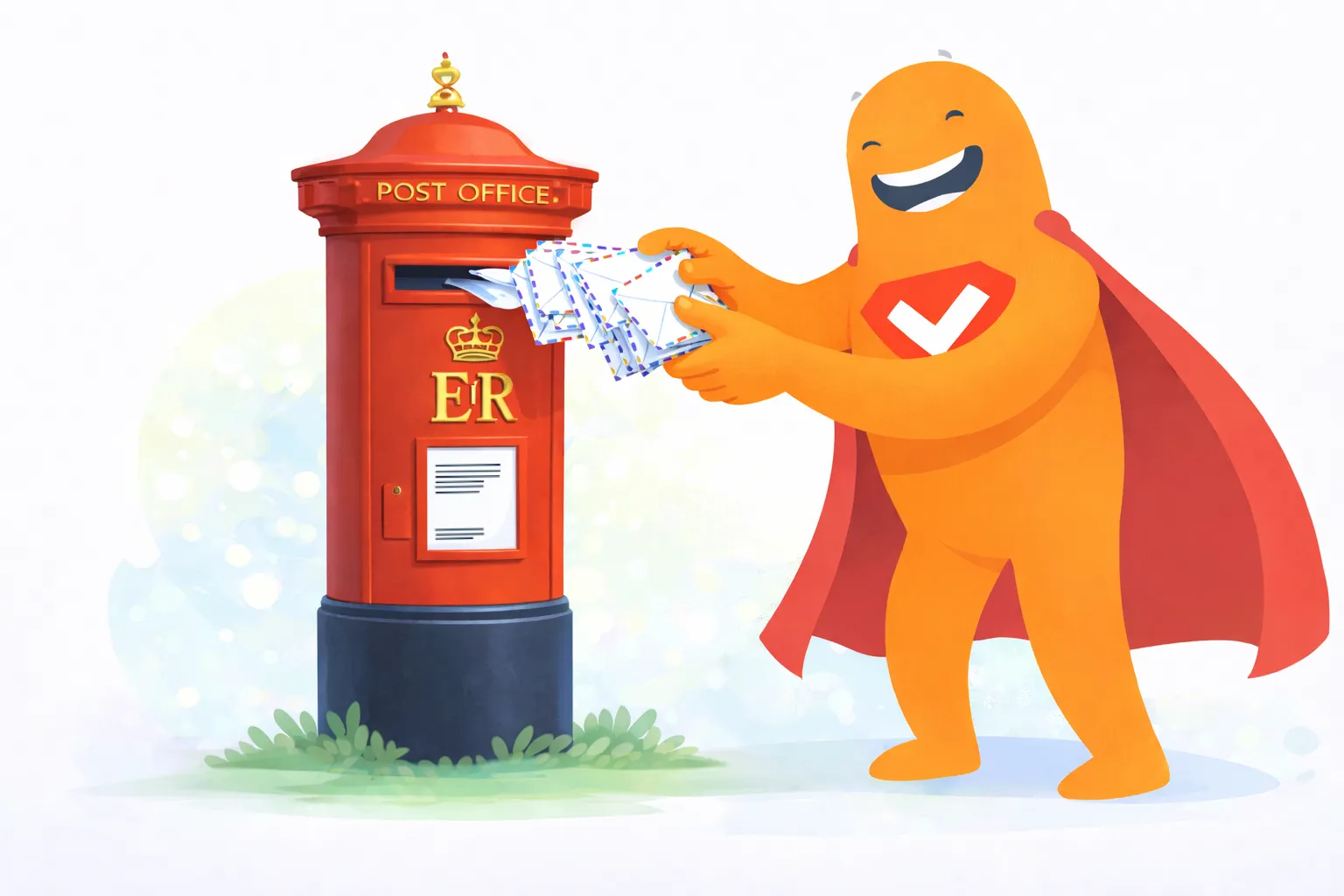 SurveyLegend mascot posting multiple letters into a red mailbox, illustrating a mail survey using physical questionnaires.