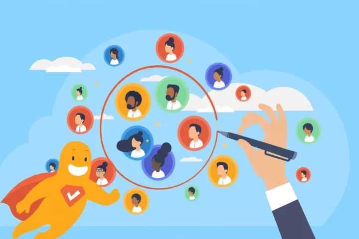 Illustration of market segmentation showing diverse customer profiles grouped into targeted segments using a magnifying glass.