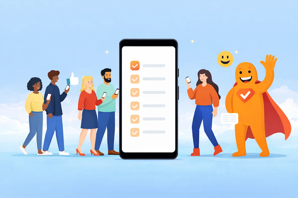 SurveyLegend mascot waving beside a large smartphone checklist while a diverse group of people use their phones in the background.