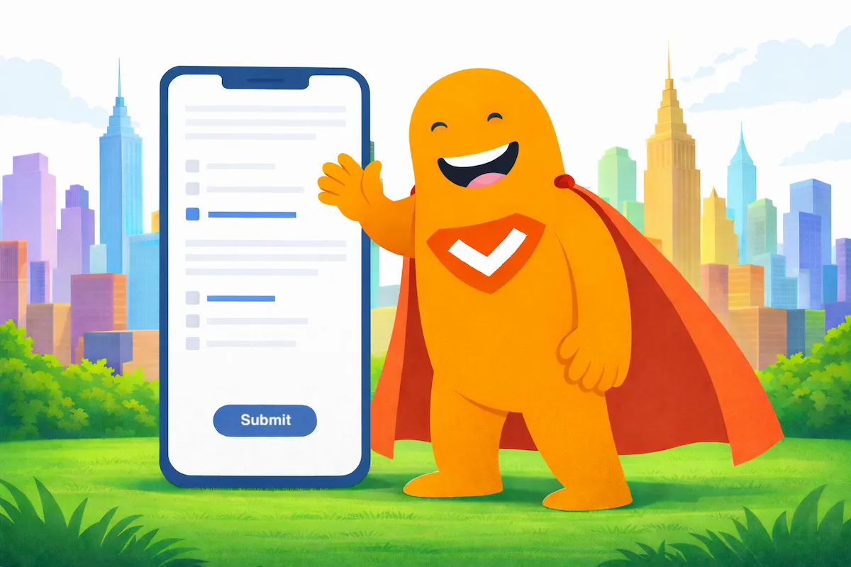 SurveyLegend mascot waving beside a smartphone showing a mobile survey form with a “Submit” button, with a city skyline in the background.