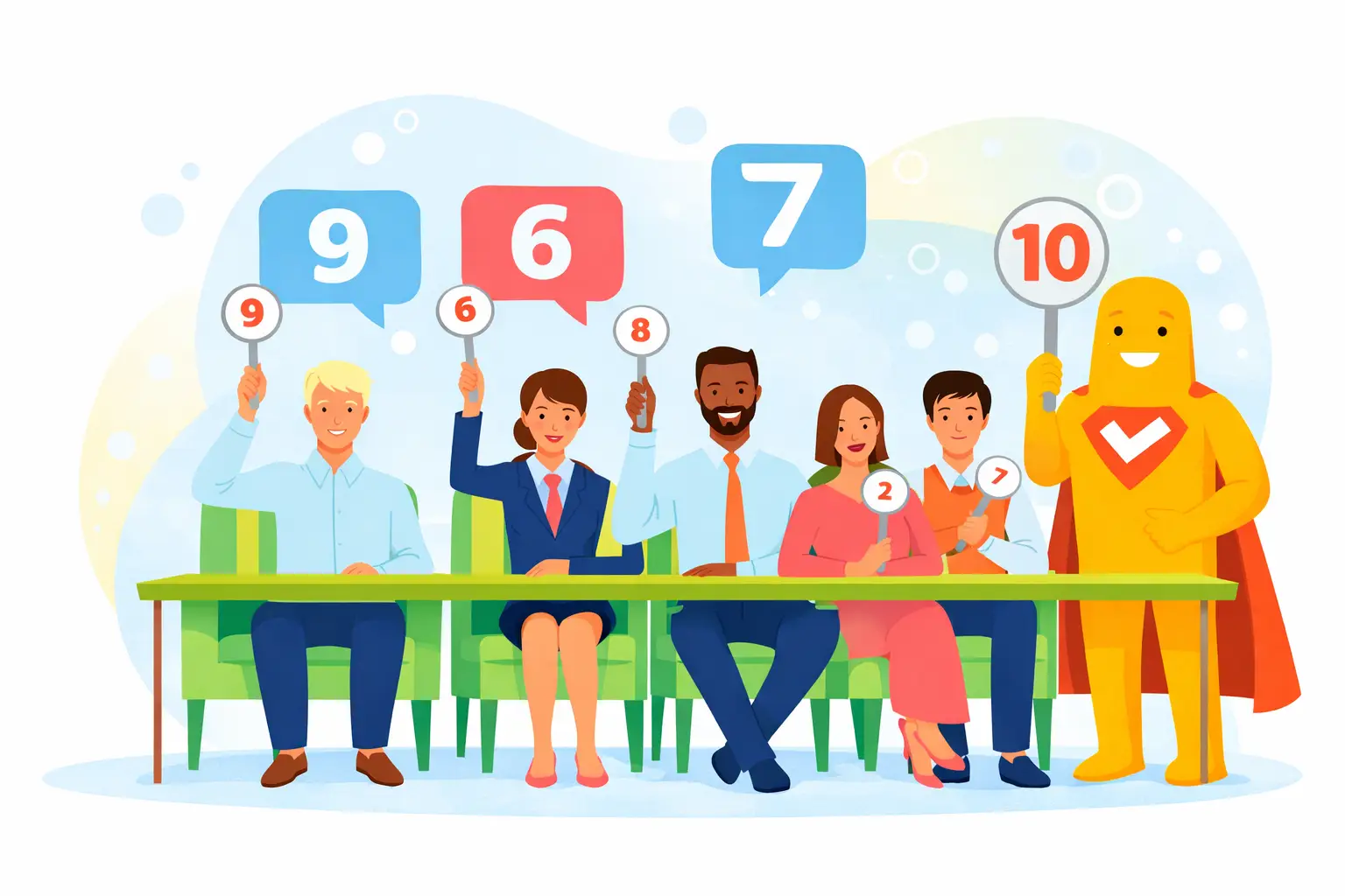 Illustration of a panel survey with participants holding numbered rating cards, representing repeated feedback collection over time.