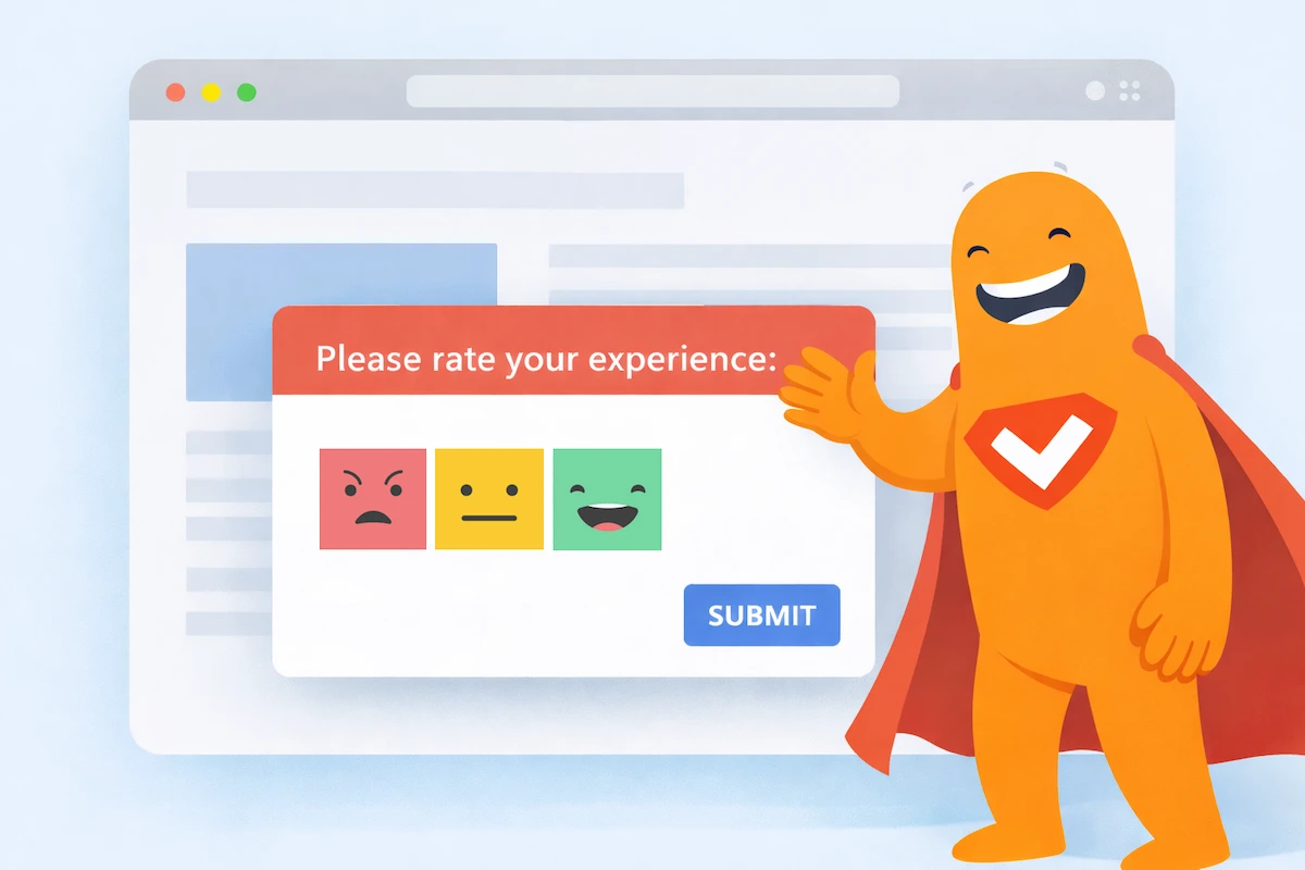 Pop up survey window on a website asking users to rate their experience, with the SurveyLegend mascot presenting a smiley-based feedback form.